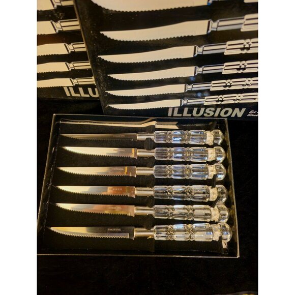 Illusion Vintage Stainless Steel Steak Knives Set Of 6 With Crystal Handles - Picture 1 of 6